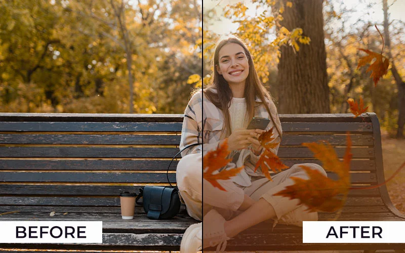 Before and after autumn leaves Photoshop overlay applied to woman sitting on park bench