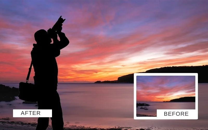Before and after silhouette overlay of photographer against pink and orange sunset