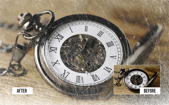 Before and after dust particle overlay on vintage pocket watch and books still life