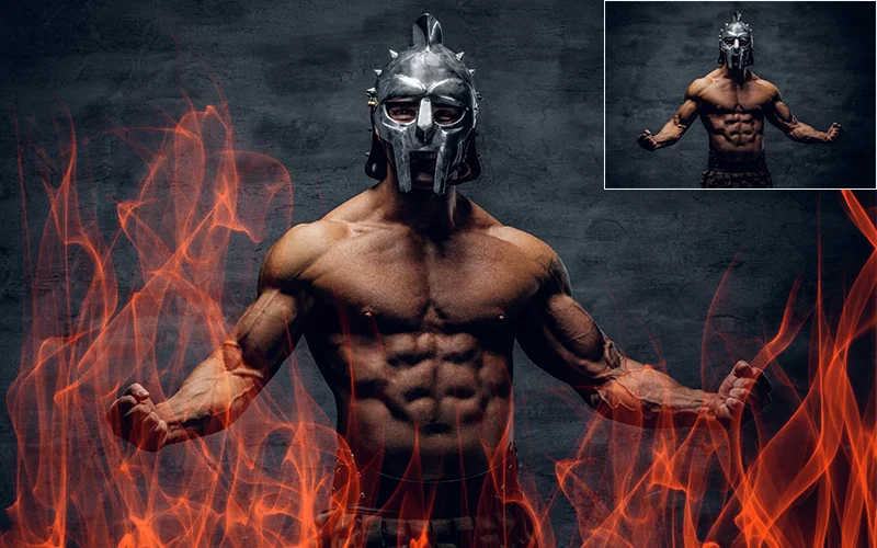 Fire overlay effects applied to portraits of armored figure and muscular figure with flames
