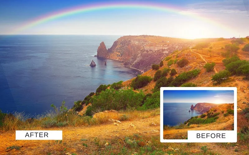 Before and after rainbow overlay added to coastal cliff landscape photo