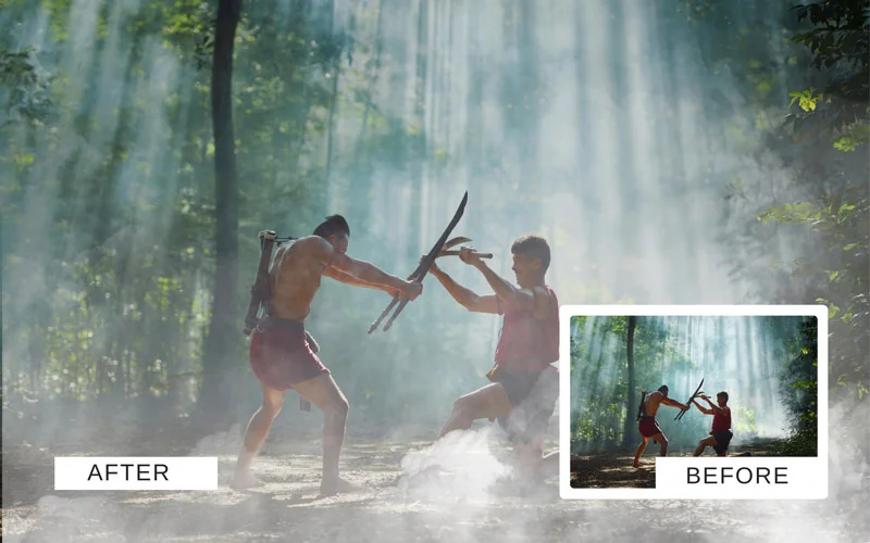 Before and after fog overlay on silhouetted figures sparring in misty forest with light rays