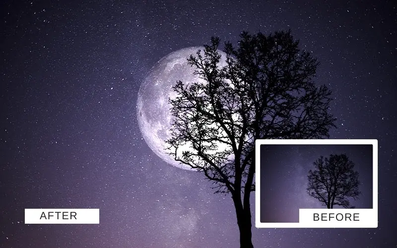 Before and after moon overlay showing large glowing moon behind tree silhouette