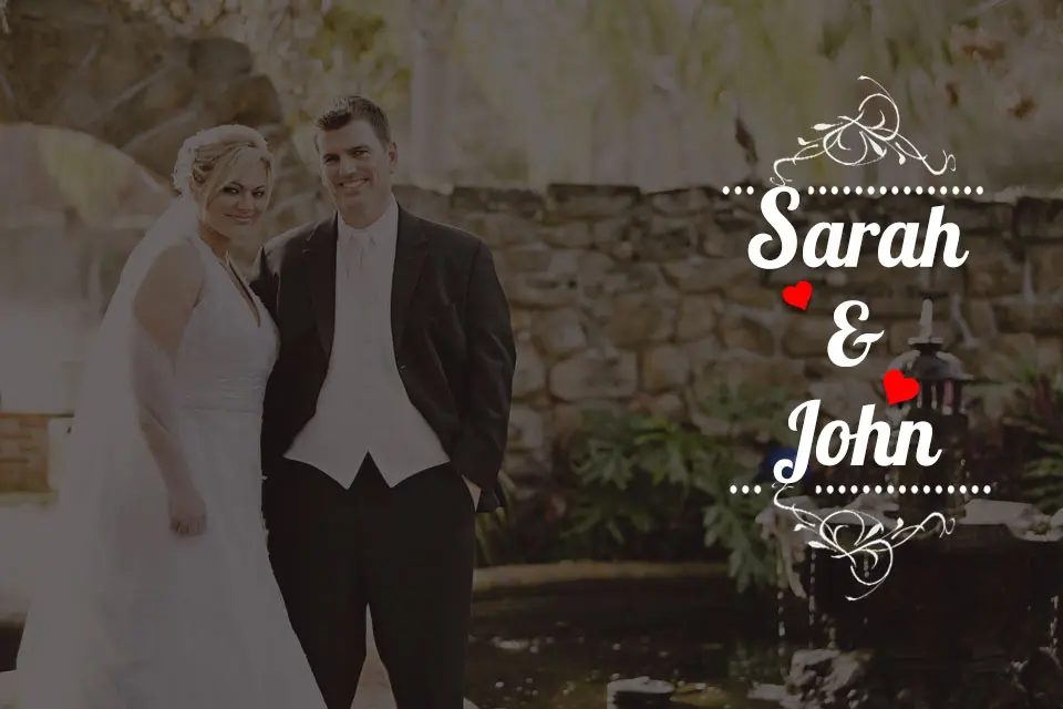 Wedding text overlay reading "Sarah & John" on bride and groom portrait