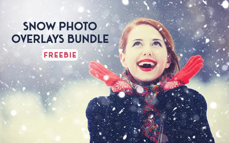 Free snow photo overlay bundle preview showing woman in winter coat with falling snowflakes