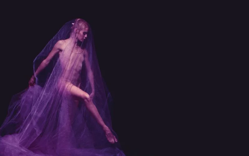 nude bride standing in a dance like posture wearing nothing but a veil that covers her entire body