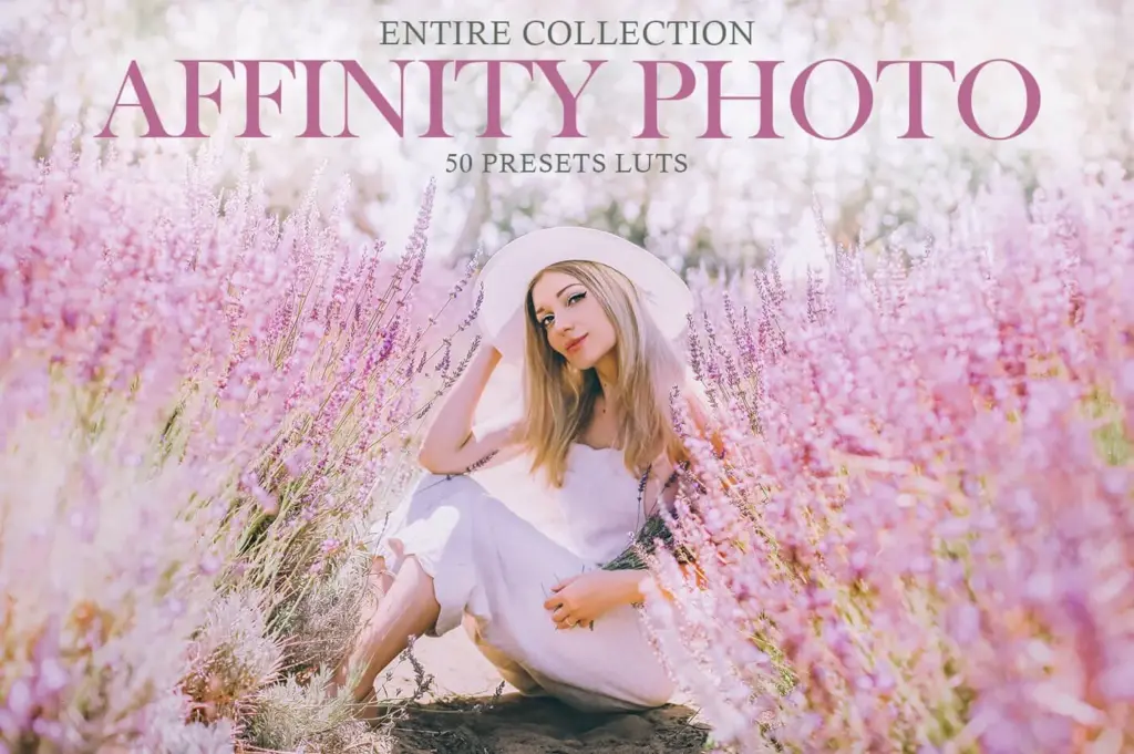Cover image for a collection of presets for affinity photo, featuring a woman in a lavender field