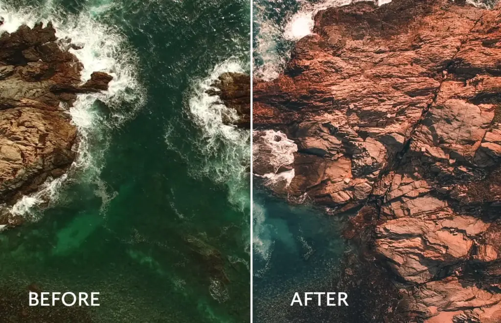 Before and after using affinity photo luts on an aerial coastal rock formation