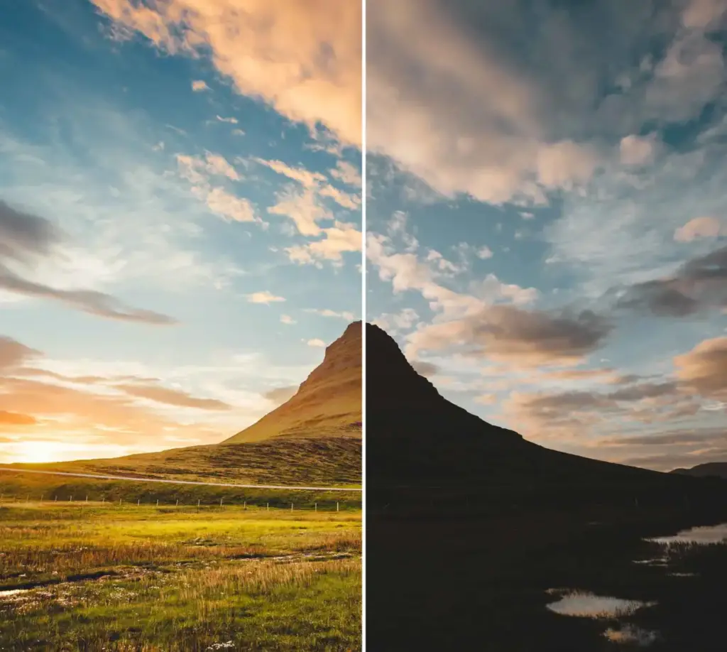 Before and after color grading comparison of a mountain landscape at sunset