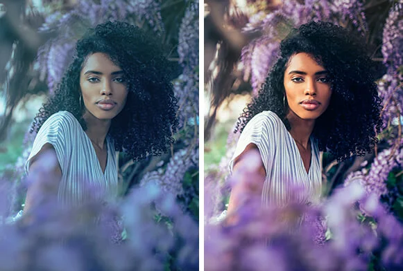Before and after using affinity presets free on a portrait among purple flowers