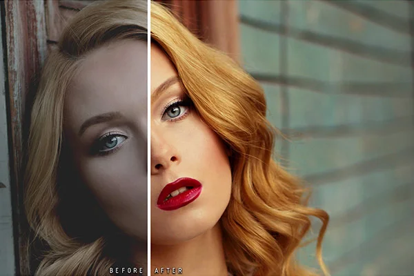 Before and after comparison showing free affinity photo presets applied to a close-up portrait