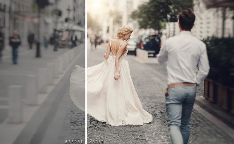 Free affinity presets applied to a black-and-white street photo and a warm-toned bridal portrait