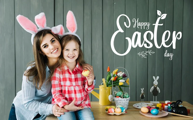 Easter overlay text on photo of mother and daughter wearing bunny ears with Easter eggs