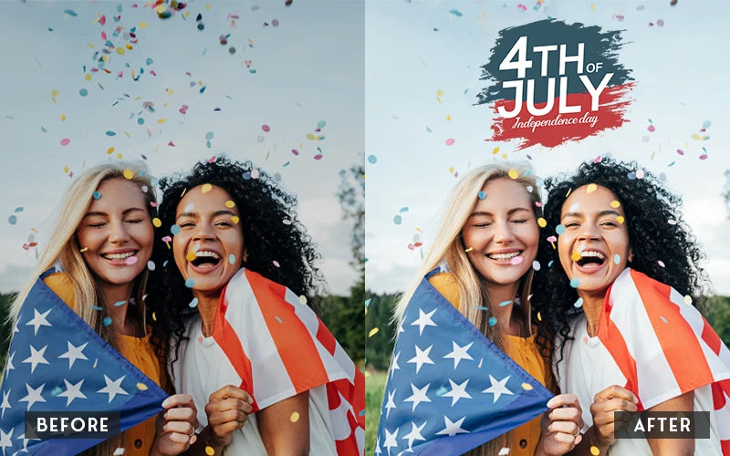 Before and after 4th of July text overlay on photo of two women wrapped in American flag