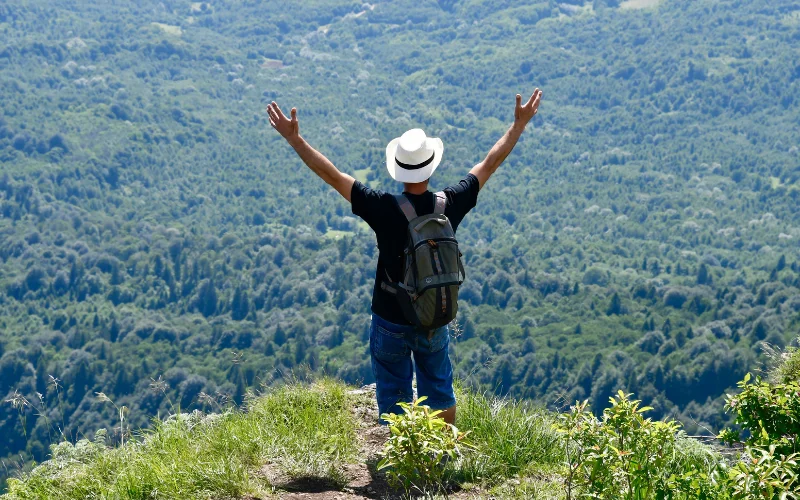 Hiker celebrating on a mountain summit with raised arms after reaching the top of the trail.