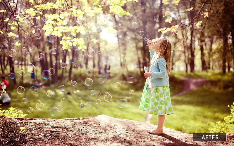 After example of bubble overlay effect on girl in sunlit forest