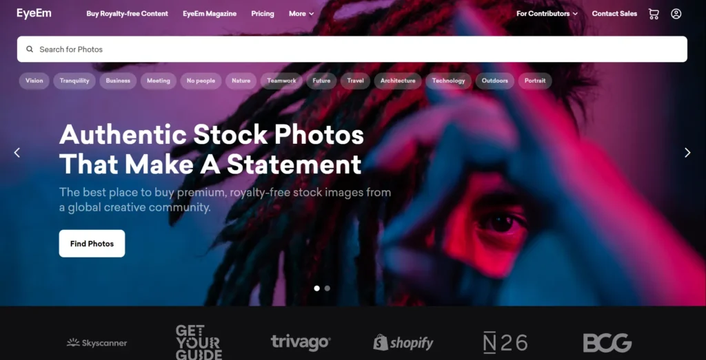 EyeEm authentic stock photography platform showing AI-powered image matching for photo sellers