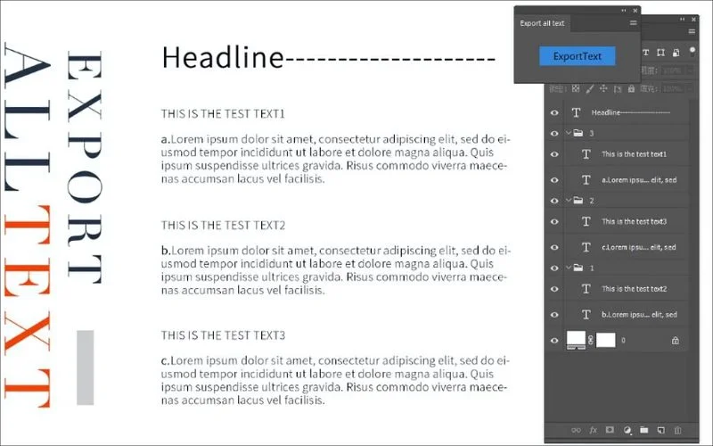 Export All Text plugin extracting text content from Photoshop documents for editing and review