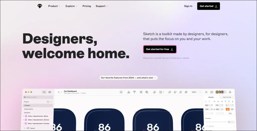 Sketch workspace with vector design tools and interface mockup elements