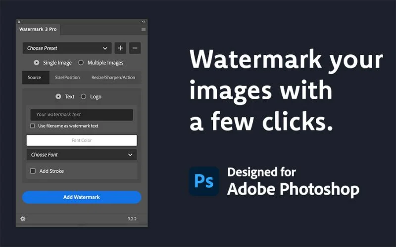 Watermark plugin adding custom branding and copyright marks to images in Photoshop