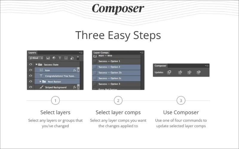 Composer tool plugin managing multiple layer compositions and design variations in Photoshop.
