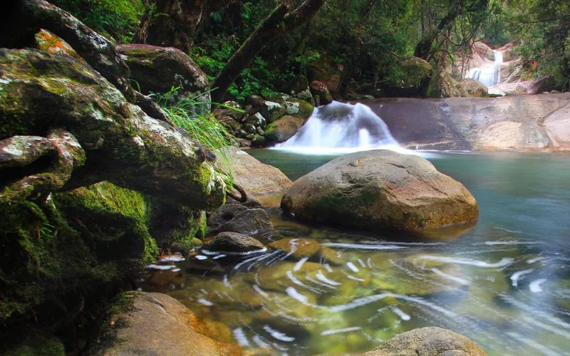 Waterfall flowing over rocks with a soft, milky look from an 8 second long exposure