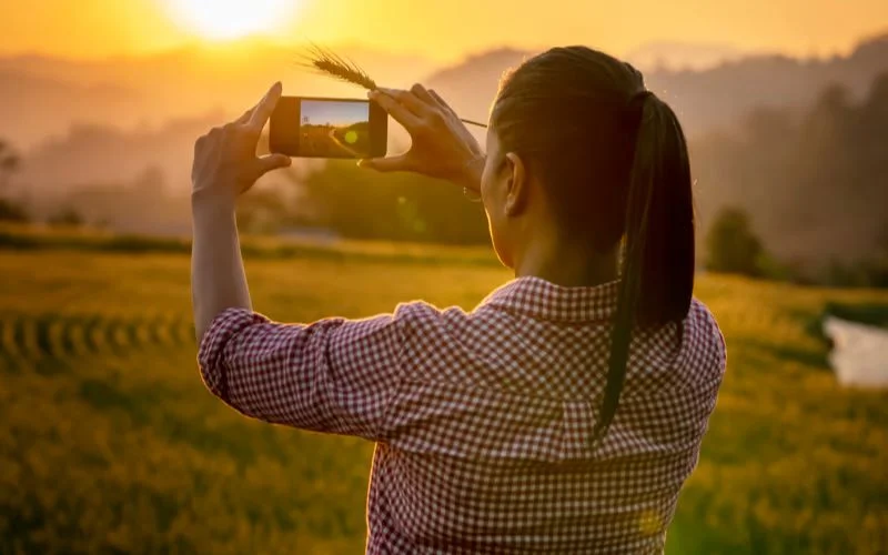 Woman in a plaid shirt photographing a sunset with her phone, backlit against a golden field