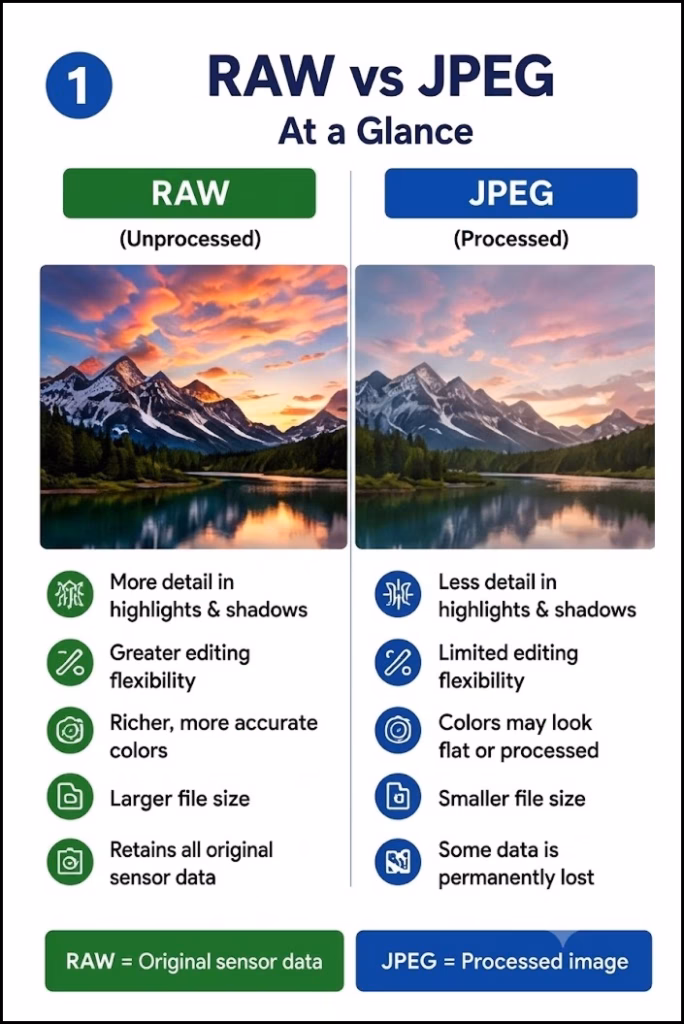 RAW vs JPEG comparison infographic showing file size, image quality, editing flexibility, and storage differences