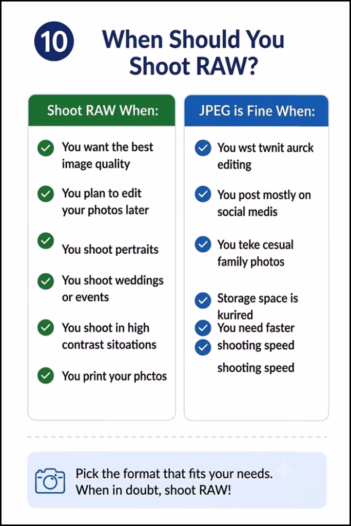 Infographic explaining why photographers shoot in RAW for maximum image quality and editing flexibility